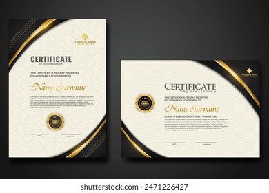 Plantilla de certificado de lujo con brillo efecto dan líneas de oro brillo en el fondo del marco, diploma, Ilustración vectorial y Vector Diseño de insignias premium de lujo.