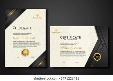 Plantilla de certificado de lujo con brillo efecto dan líneas de oro brillo en el fondo del marco, diploma, Ilustración vectorial y Vector Diseño de insignias premium de lujo.