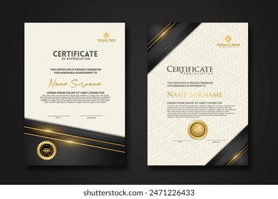 Plantilla de certificado de lujo con brillo efecto dan líneas de oro brillo en el fondo del marco, diploma, Ilustración vectorial y Vector Diseño de insignias premium de lujo.