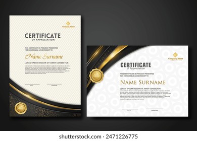 Luxury certificate template with glitter effect dan lines gold shine on frame background,diploma,Vector illustration and vector Luxury premium badges design.