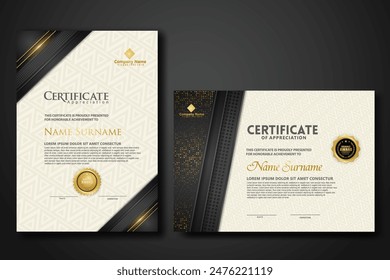 Plantilla de certificado de lujo con brillo efecto dan líneas de oro brillo en el fondo del marco, diploma, Ilustración vectorial y Vector Diseño de insignias premium de lujo.