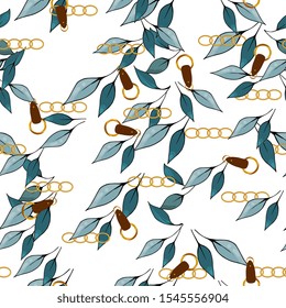 Luxury chain seamless vector pattern on white background with fashion floral design.
Vintage gold jewelry of necklace and rustic ropes, tassels and belts with leaves.