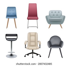 Luxury chairs. Modern realistic office furniture wooden and steel cozy tall armchairs 3d decoration interior objects decent vector chairs for room