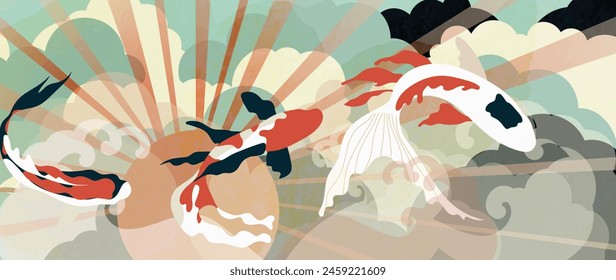 Vector de lujo de fondo chino. Diseño de patrón de Fondo de pantalla chino y japonés de elegante pez koi con textura de acuarela. Ilustración de diseño para la decoración, decoración de la pared, Anuncio, Sitio web, anuncios.