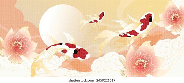 Luxury Chinese background vector. Chinese and Japanese wallpaper pattern design of elegant koi fish, lotus flower with watercolor texture. Design illustration for decoration, wall decor, banner, ads.