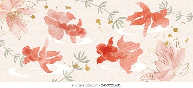 Luxury Chinese background vector. Chinese and Japanese wallpaper pattern design of elegant goldfish, koi carp with watercolor. Design illustration for decoration, wall decor, banner, website, ads.