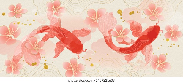 Luxus-chinesische Hintergrund-Vektorgrafik. Chinesisches und japanisches Bildschirmhintergrund-Muster-Design von elegantem Koi-Fisch mit Aquarell-Textur. Design-Illustration für Dekoration, Wanddekor, Banner, Website, Anzeigen.