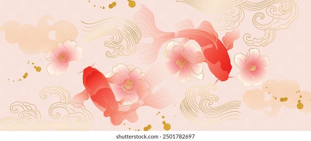 Luxury Chinese background vector. Chinese and Japanese wallpaper pattern design of elegant goldfish, flower on pink background. Design illustration for decoration, wall, banner, website, ads.