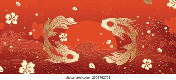 Luxuriöser chinesischer Hintergrund, Vektor. Chinesische und japanische Tapete Muster Design von eleganten Koi Fischkarpfen auf rotem Hintergrund. Design-Illustration für Dekoration, Wanddekoration, Banner, Website, Anzeigen.