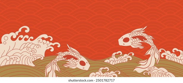 Luxury Chinese background vector. Chinese and Japanese wallpaper pattern design of elegant koi fish carp on red background. Design illustration for decoration, wall decor, banner, website, ads.