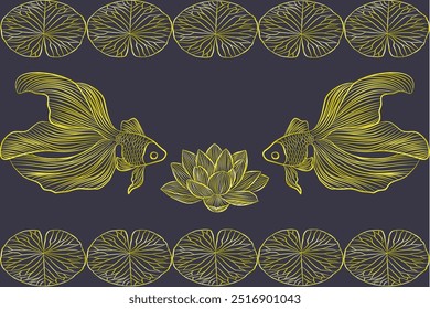 Vector de fondo chino de lujo. Diseño de patrón de Fondo de pantalla chino de elegante pez dorado, carpa koi con acuarela. Ilustración de diseño para decoración, decoración de paredes, Anuncio, Sitio web, anuncios.