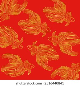 Luxury Chinese background vector.Chinese wallpaper pattern design of elegant goldfish on red background.Design illustration for decoration.