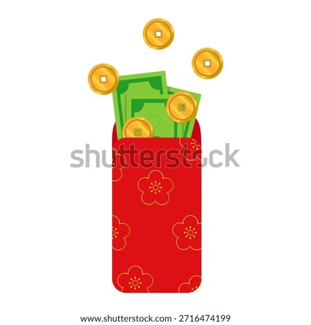 Luxury Chinese red envelope for lunar new year, gold floral design for money and coin pocket. Hongbao, Angpao clipart vector graphic icon isolated on white background.