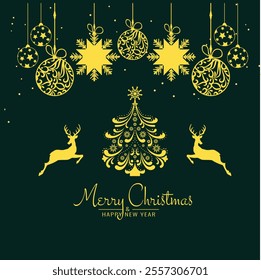 LUXURY CHIRSTMAS INVITATION CARD,CHIRSTMAS TREE AND DEER WITH GREEN BACKGROUND AND GOLDEN COLOR,DESIGN ILLUSTRATION USEABLE FOR FOSTER, COVER AND WALLPAPER. 