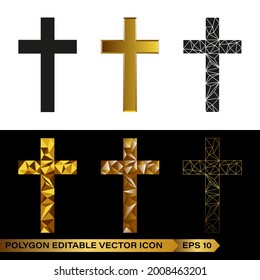 Luxury Christian Cross Icon Logo Design. With premium Polygonal Low Poly black and gold colors on black background. Catholic religious symbol vector illustration. Shining Merry Christmas golden icon