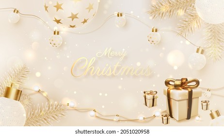 Luxury christmas background, golden ball, pine tree, lamp, gift box, bokeh, blur and snow element on scene, celebrations design, 3d realistic banner. Vector illustration.