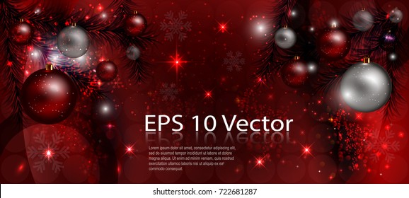 Luxury Christmas Background in Red with Pine Branches & Decoration Elements & Christmas Lights. 3D Vector Illustration