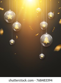 Luxury Christmas balls light background decoration holiday greeting card. Glass xmas balls decoration background with confetti.