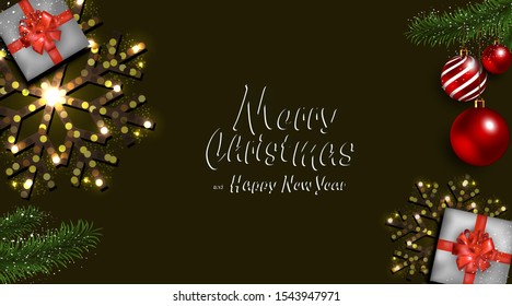Luxury Christmas Banner with Realistic Pine Tree Branches & Seasonal Decoration Elements. Merry Christmas & Happy New Year Lettering. 3D Vector Illustration