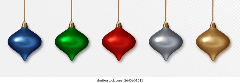 Luxury Christmas baubles. Realistic festive New Year 3D toy with glossy finish. Decorative elements for winter holiday design, cards, banners.