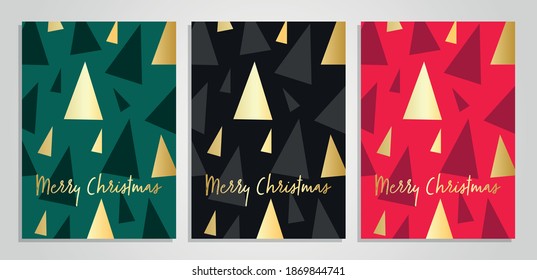 Luxury Christmas Card Design Template with Elegant Golden Christmas Trees Pattern Background. Set of Christmas Cards Templates Vector. Christmas 2021