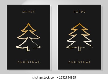Luxury Christmas Cards with Gold Christmas Tree Illustration Icons. Vector Design Template with Happy Merry Christmas Text and Xmas Tree Illustrations