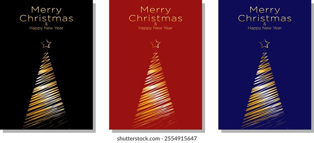 Luxury Christmas Cards with Gold Christmas Tree Illustration Icons. Design Template with Happy Merry Christmas Text and Xmas Tree Illustrations