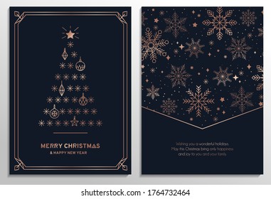 Luxury Christmas cards set. Elegant New year templates with rose gold geometric elements and navy blue background. Rose gold Christmas tree and snowflakes premium design. Vector illustration