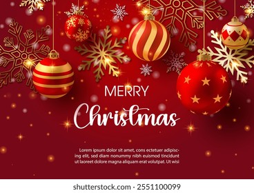 A luxury Christmas celebrated greeting card and poster with golden and red Christmas balls hanging, wording of event and example texts on snowflake decorated and red background