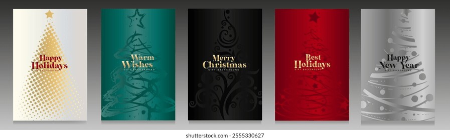 Luxury Christmas covers with different artistic Christmas trees on bright gradient. White, gold, green, black, red and silver color for holiday cards, invitations, greetings and seasonal cards.