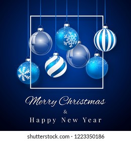 Luxury Christmas design with blue Christmas balls and Xmas glass ball over blue background. Holiday decoration template. Vector illustration.
