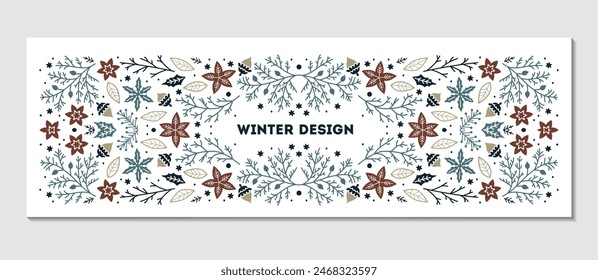 Luxury Christmas frame, abstract sketch winter floral design templates for xmas products. Holly backgrounds with fir tree. Use for package, branding, decoration, banners