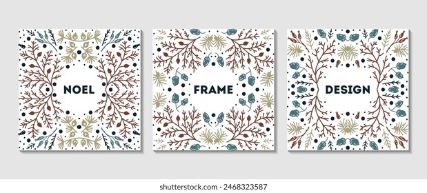 Luxury Christmas frame set, abstract sketch winter floral design templates. Square, holly backgrounds with fir tree. Use for package, branding, decoration, banners