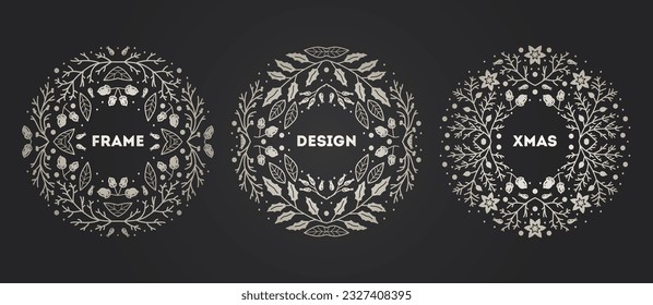 Luxury Christmas frames set, abstract sketch winter design templates for package