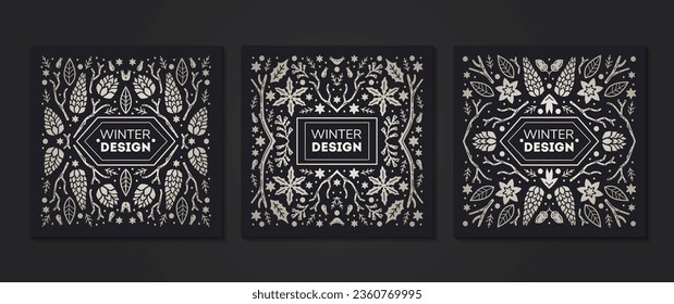 Luxury Christmas frames set, abstract sketch winter design templates for package