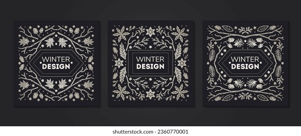 Luxury Christmas frames set, abstract sketch winter design templates for package