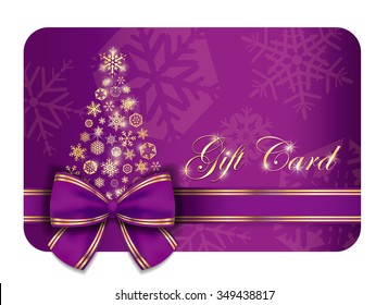 Luxury Christmas Gift Card With Purple Ribbon And Gold Snowflakes