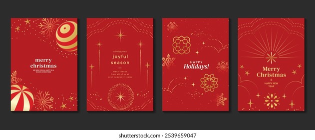 Vector de lujo del diseño del art deco de la tarjeta de felicitación de la Navidad. Árboles de Navidad, adornos, copo de nieve, fuegos artificiales, bola de chuchería, textura de punto sobre fondo rojo. Diseño para la tarjeta de vacaciones, cartel, cubierta, temporada.