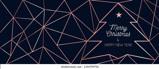 Luxury Christmas greeting card or banner design template. Rose gold geometric lines background for holidays. 