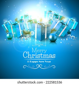 Luxury Christmas greeting card with blue gift boxes and calligraphic lettering