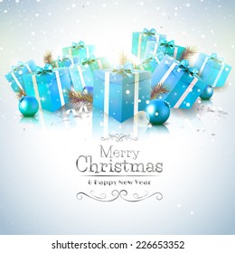 Luxury Christmas greeting card with blue gift boxes and calligraphic lettering