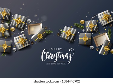 Luxury Christmas greeting card with gift boxes on blue background
