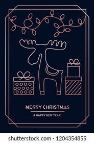 Luxury Christmas greeting card with golden lines, gifts and deer. Vector illustration