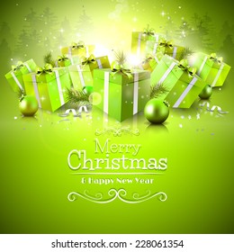 Luxury Christmas greeting card with green gift boxes and calligraphic lettering 