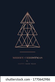 Luxury Christmas greeting card with navy blue background and geometric Christmas tree. Elegant New year template for invitation, banner, social networks post etc. Vector illustration