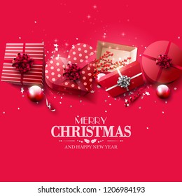 Luxury Christmas greeting card with red gift boxes