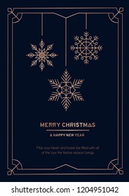 Luxury Christmas greeting card with rose gold lines, snoflakes and navy blue background. Vector illustration