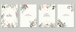 Luxury Christmas And Happy New Year Holiday Cover Template Vector Set. Watercolor Winter Leaf Branch, Holly, Gold Drop On White Background. Design For Card, Corporate, Greeting, Wallpaper, Poster.