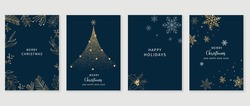Luxury Christmas And Happy New Year Holiday Cover Template Vector Set. Gold Winter Leaves, Holly, Glittering Christmas Tree And Snowflakes. Design For Card, Corporate, Greeting, Wallpaper, Poster.