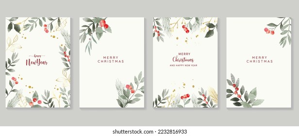 Luxury christmas and happy new year holiday cover template vector set. Watercolor winter leaf branch, holly, gold drop on white background. Design for card, corporate, greeting, wallpaper, poster.